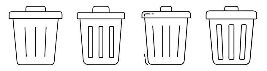 Set of four minimalist black and white trash bin vector icons isolated on white background for recycling and waste management