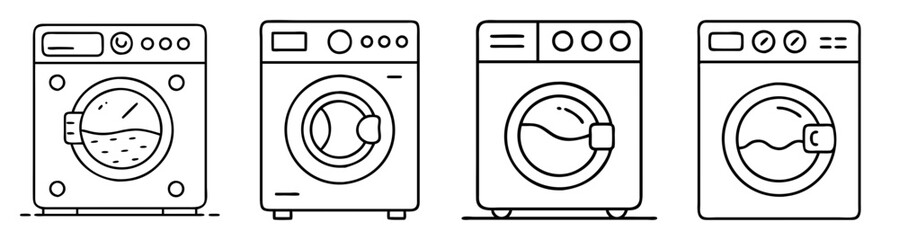 Set of 4 modern washing machine vector icons in flat design for home appliances and laundry care