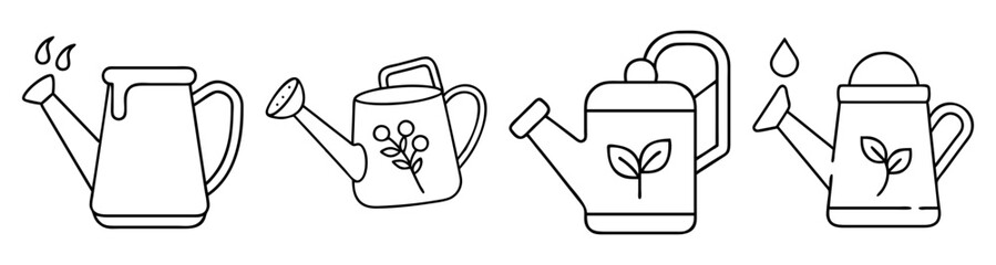 Set of six watering can vector icons isolated on white background for gardening and plant care design elements