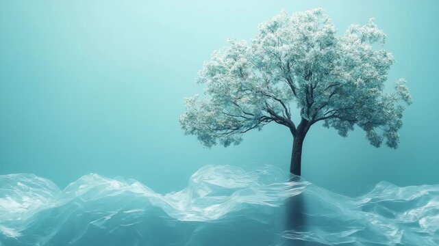 tree wrapped in plastic wrap, concept of recycling and plastic pollution