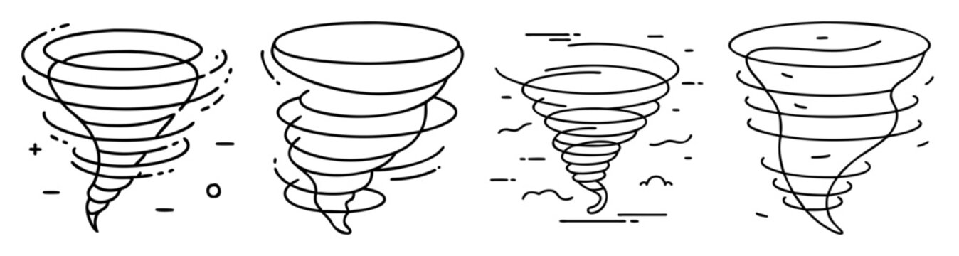 Set of four black and white tornado vector icons in line art style for weather disaster warning and natural hazard infographics