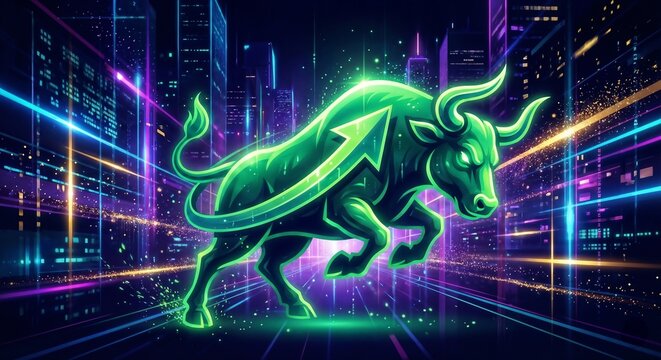 Neon Green Bull Charging Through Futuristic City with Upward Growth Arrow Symbolizing Bull Market and Financial Success in Cryptocurrency and Stocks