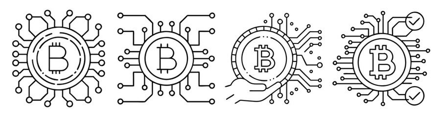 Bitcoin cryptocurrency vector icon set with blockchain symbols and digital currency elements isolated on white background