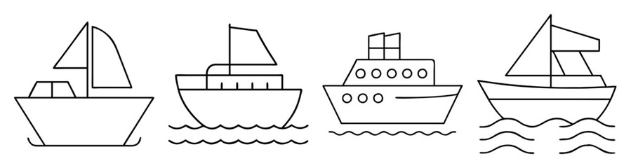 Set of four minimalist vector boat icons sailing on water waves isolated on white background for travel and maritime design