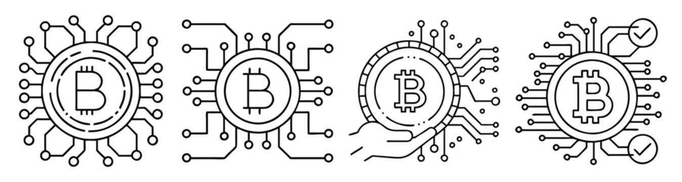 Bitcoin cryptocurrency vector icon set with blockchain symbols and digital currency elements isolated on white background
