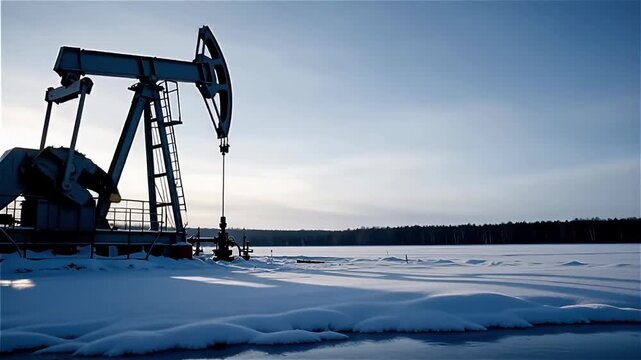 Oil pumpjack operating on a frozen lake surrounded by snow-covered land at dusk, showcasing industrial activity against a tranquil winter backdrop