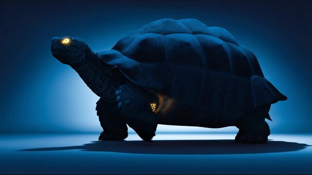 A large, detailed, stylized creature with glowing eyes stands out against a blue gradient backdrop