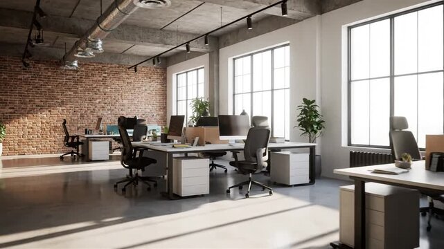 Bright, modern open-plan office interior with industrial design, exposed brick walls, and multiple workstations bathed in natural light, creating an inviting and productive business environment
