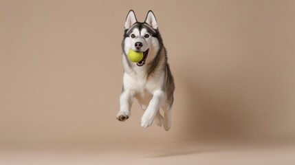 Fototapeta premium A husky dog jumping with a tennis ball