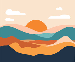 Vibrant abstract landscape with sunset over hills and clouds in the sky