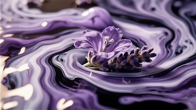 A delicate purple lavender flower floating on a rich black surface with swirling lavender and white patterns, creating a serene and artistic atmosphere