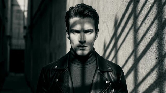 Dramatic black and white portrait of handsome man with shadows on face. Serious male model in leather jacket looking at camera with intense gaze. Film noir mystery concept