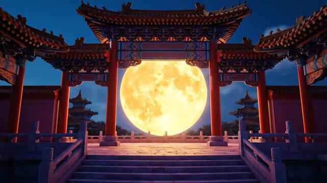 A grand, ornate Chinese gate frames a giant moon at night, illuminating a traditional structure