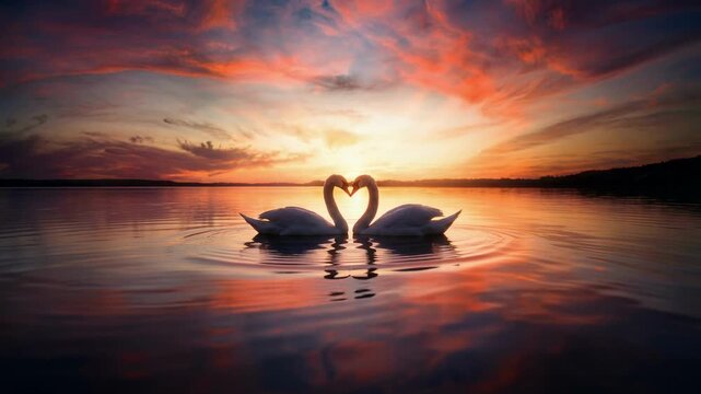 Two white swans forming heart shape on lake at sunset with reflection. Romantic silhouette of bird couple swimming in water under dramatic sky. Valentine day love concept