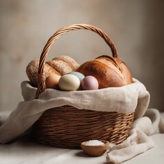 Wicker basket holding Easter food, colored eggs, bread, and salt.  Easter wallpaper. Wicker basket holding pastel colored Easter eggs, bread, and salt on a simple background