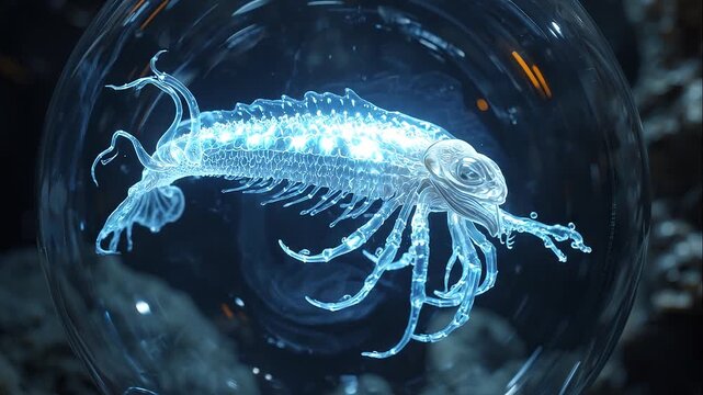 Glowing translucent deep-sea creature with multiple legs