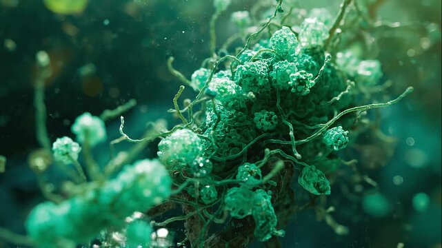 Vibrant underwater coral with branching structures and tiny particles
