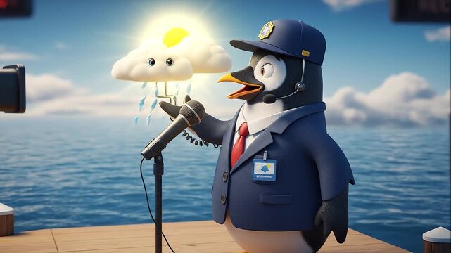 Animated penguin in suit on dock with weather icons overhead