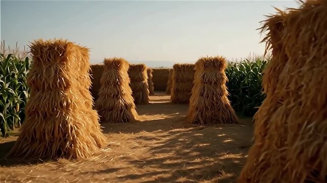 Rows of golden straw bales forming a pathway in an open field on a clear day under the blue sky