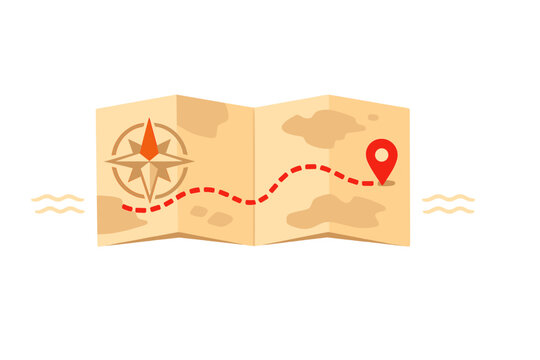 A flat illustration of a folded paper map featuring a compass rose, a red dotted route, and a location pin icon. The map is set against a solid black background with wavy symbols.