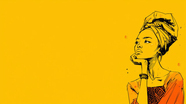 Stylized African woman in traditional gele headwrap and geometric dress