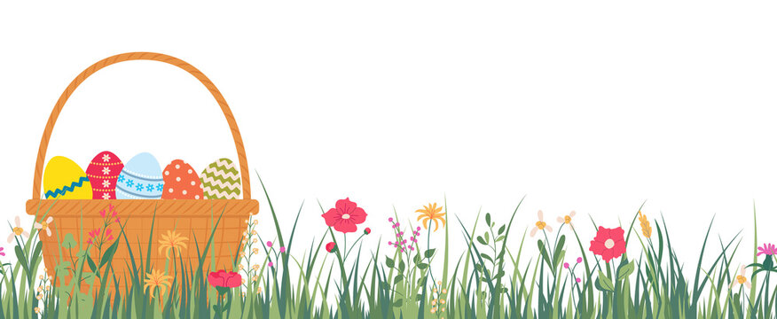 Horizontal seamless banner with wicker basket with a decorated Easter eggs in grass. Spring floral backdrop. Illustration on a transparent background
