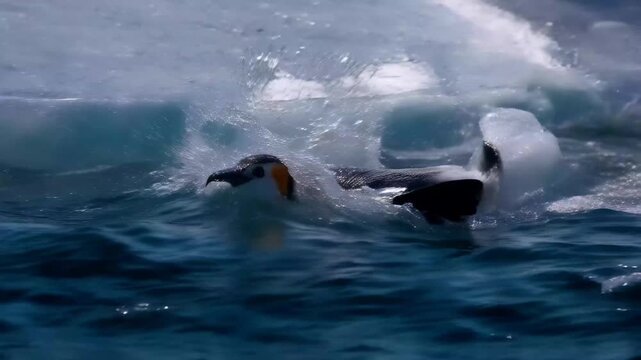 King Penguins Diving in the Ocean: A dynamic shot capturing the king penguins, gracefully diving into the crisp ocean. The icy landscape frames the penguins in their natural environment.