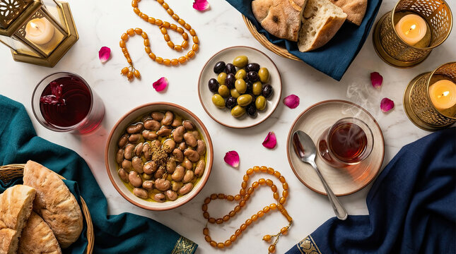 Traditional Middle Eastern suhoor or iftar spread on marble table. Features fava beans, olives, flatbread, hot tea, cold drink, lanterns, and prayer beads. Inviting cultural feast.