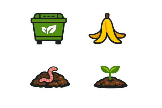 A set of four stickers illustrating the composting process, featuring a green compost bin, a yellow banana peel, an earthworm in soil, and a young green sprout growing from dirt.