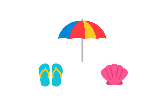 A colorful beach umbrella, a pair of blue flip-flops, and a pink seashell are displayed as flat icons against a solid black background, representing summer vacation and travel themes.