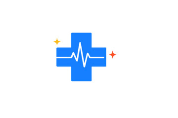 Fototapeta na wymiar A blue medical cross icon with a black heartbeat line across the center, featuring small yellow and orange sparkles on a solid black background. This graphic represents health and wellness.