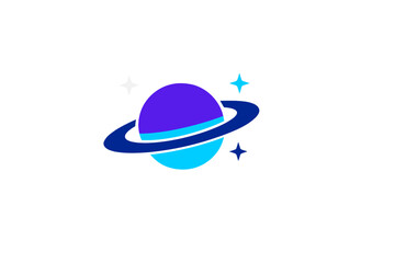 Fototapeta premium This vector graphic features a stylized purple and light blue planet with a dark blue ring and three small stars, all set against a plain black background for a space theme.