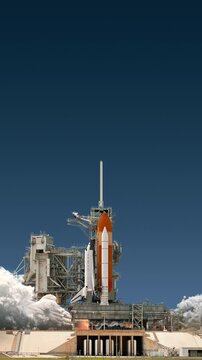 Vertical 3D animation of a space shuttle launching from a launch pad