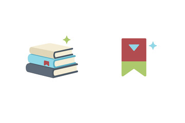 Fototapeta premium A stack of three colorful books and a decorative bookmark icon are shown as flat stickers with white outlines and small sparkles on a plain black background.
