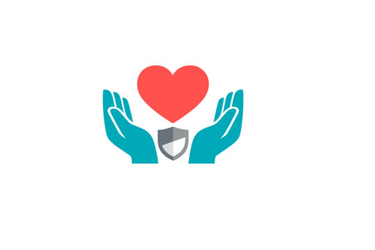 This illustration features a red heart held by two teal hands with a grey shield icon underneath, symbolizing health protection and emotional support on a black background.