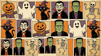 Retro Cartoon Halloween Monsters Seamless Pattern. Vintage Comic Style Background with Dracula, Frankenstein, Ghost, Skeleton, and Black Cat. © Fery