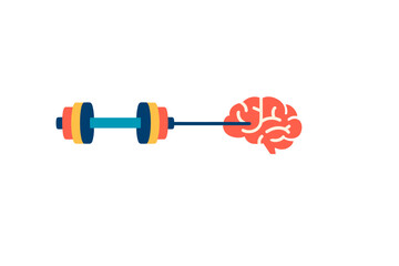 A stylized illustration features a colorful dumbbell connected to a red human brain on a black background, symbolizing the concept of mental fitness and cognitive training.