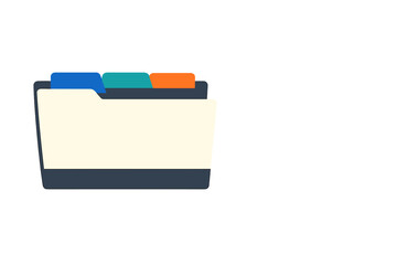A flat vector illustration of a dark blue office file folder featuring a cream front flap and three colored tabs in blue, teal, and orange, set against a black background.