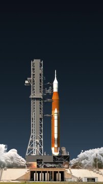 3D animation of the night launch of an American heavy space rocket with a manned lunar spacecraft on board, starting the engines with fire and smoke on the launch pad.