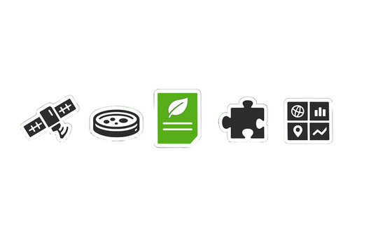 A row of five stylized icons on a black background including a satellite, a petri dish, a green document with a leaf, a puzzle piece, and a data dashboard grid with various symbols.