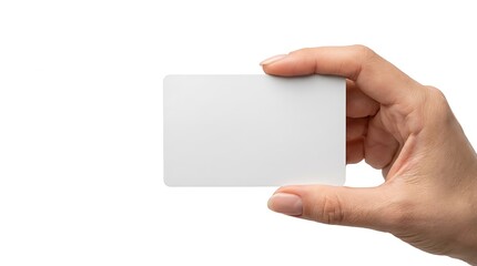 Obraz premium Close up of hand holding a blank white business card isolated on white background