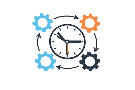 A conceptual illustration featuring a central clock surrounded by four colorful gears and arrows, representing time management, workflow efficiency, and synchronized processes.