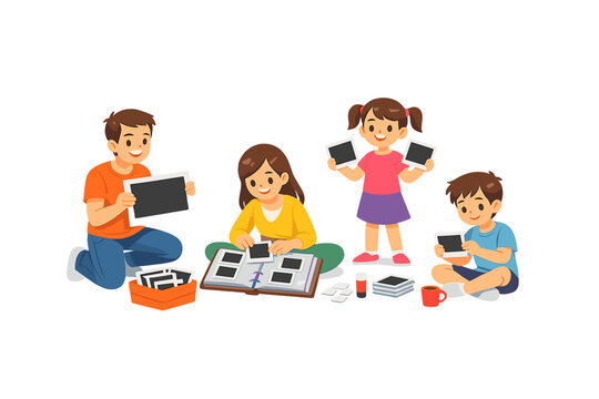 A cartoon illustration of a family including parents and two children sitting on the floor, happily looking at and organizing printed photographs into a large memory album.