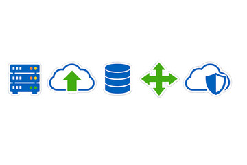 A set of five flat vector icons representing cloud computing, data storage, server infrastructure, network scaling, and cybersecurity on a solid black background.