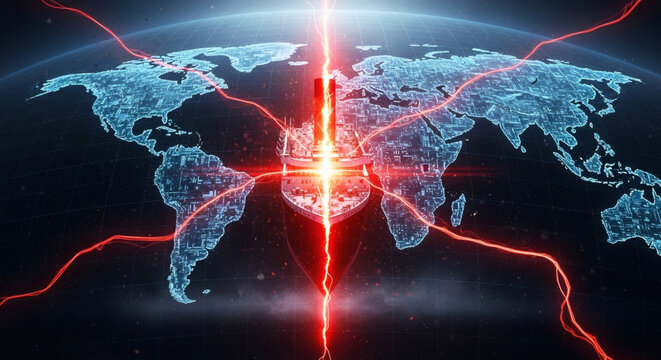 Global Cyber Security Threat Concept with Holographic World Map and Red Laser Network Attack