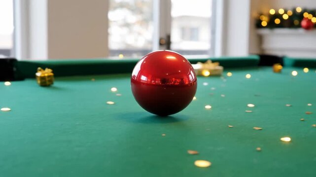 Shiny red ball on green felt surface surrounded by festive decorations in a cozy indoor setting with warm lighting
