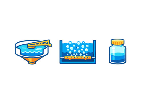 Three stylized icons representing water treatment processes including a circular settling tank, an aeration basin with bubbles, and a glass sample jar with blue liquid.