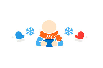 A minimalist illustration of a person wearing an orange scarf and holding a steaming blue mug, surrounded by snowflakes and colorful mittens against a solid black background.