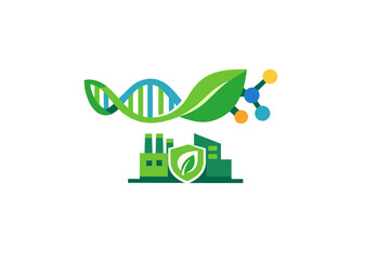 Obraz premium This graphic design showcases concepts of green technology and bioengineering through icons of a DNA strand, a leaf, molecules, and a sustainable factory with a protective shield.