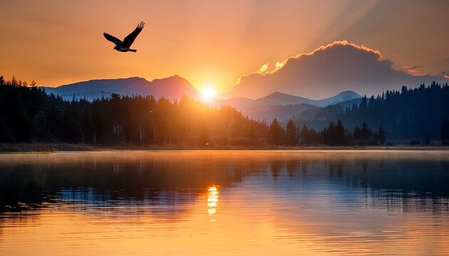 bird flying over lake reflection sunrise landscape